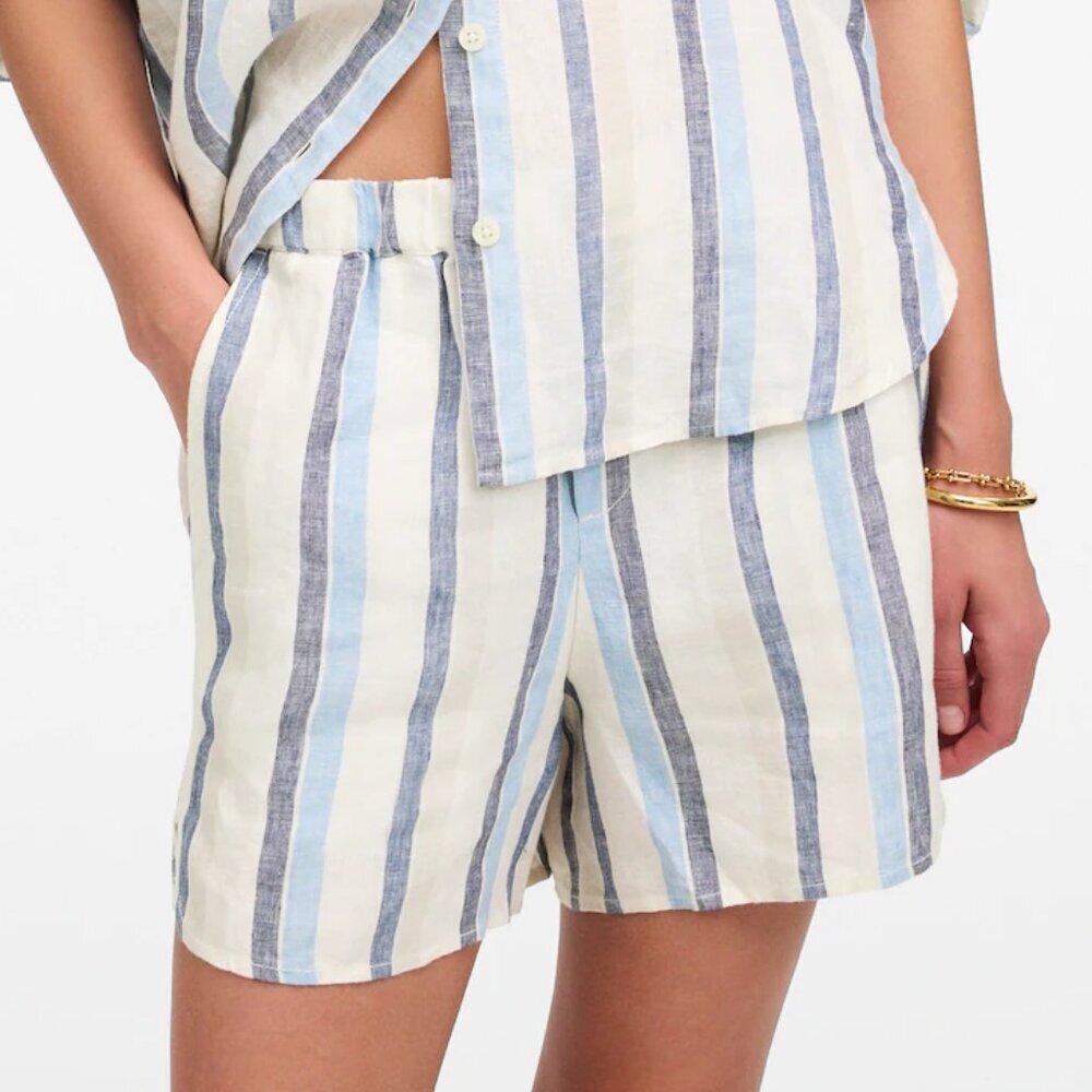 Madewell High-Rise Striped Linen-Blend Shorts in Blue and Cream